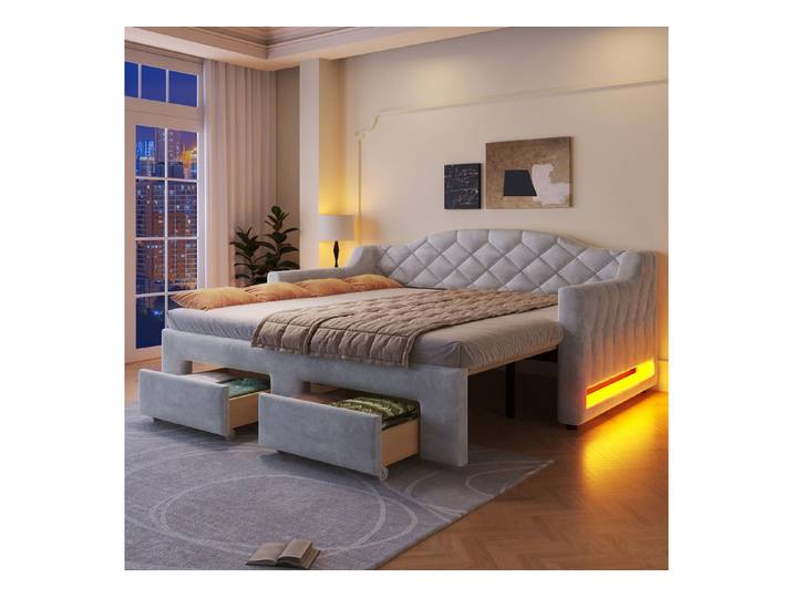 Odikalo Schlafsofa Schlafcouch mit Ausziehbett & LED, Polster-Tagesbett, Ausziehfunktion flach oder aufgestellt