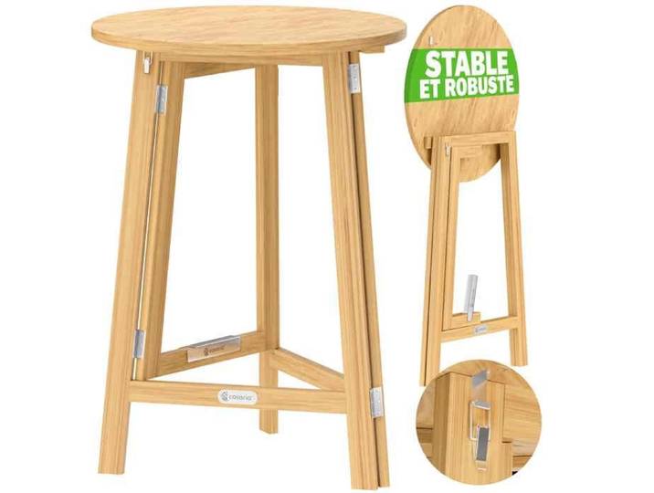 Table Haute en bois massif naturel Mange-Debout Ronde Pliable Cuisine Jardin Terrasse Cocktail Bar Fêtes Moderne Nordique