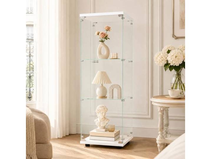 Vitrine en Verre 3 Niveaux EZSSW Porte Verrouillable Étagères en Verre Trempé Meuble Vitrine Étroit Blanc