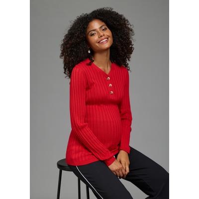 Umstandspullover NEUN MONATE "Feinstrick-Umstandspullover mit Knöpfen - Stillpullover", Damen, Gr. 36/38, rot, Feinstrick, Obermaterial: 50% Baumwolle, 50% Polyacryl, unifarben, tiefer V-Ausschnitt, Pullover, Langarm, aus Feinstrick, mit tiefem...