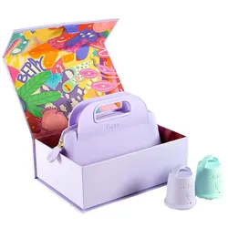 Beppy, Menstruationstasse, Cups «WONDER» Lila/Türkis, Box mit zwei Menstruationstassen und Aufbewahrungstasche