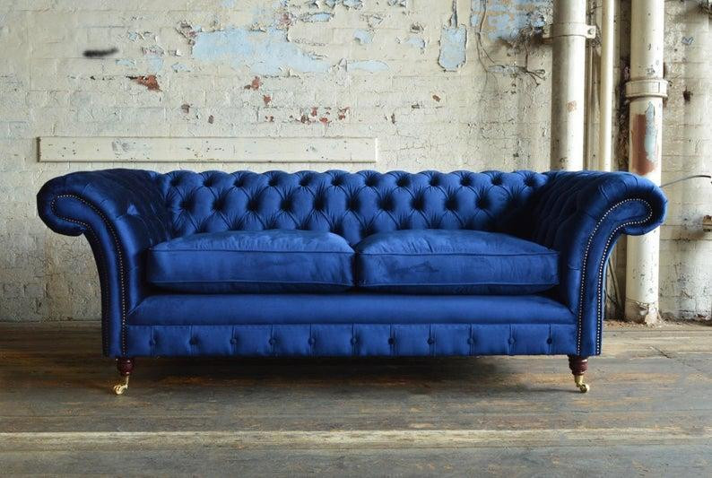 Chesterfield XXL 3-zits bank in blauw leder