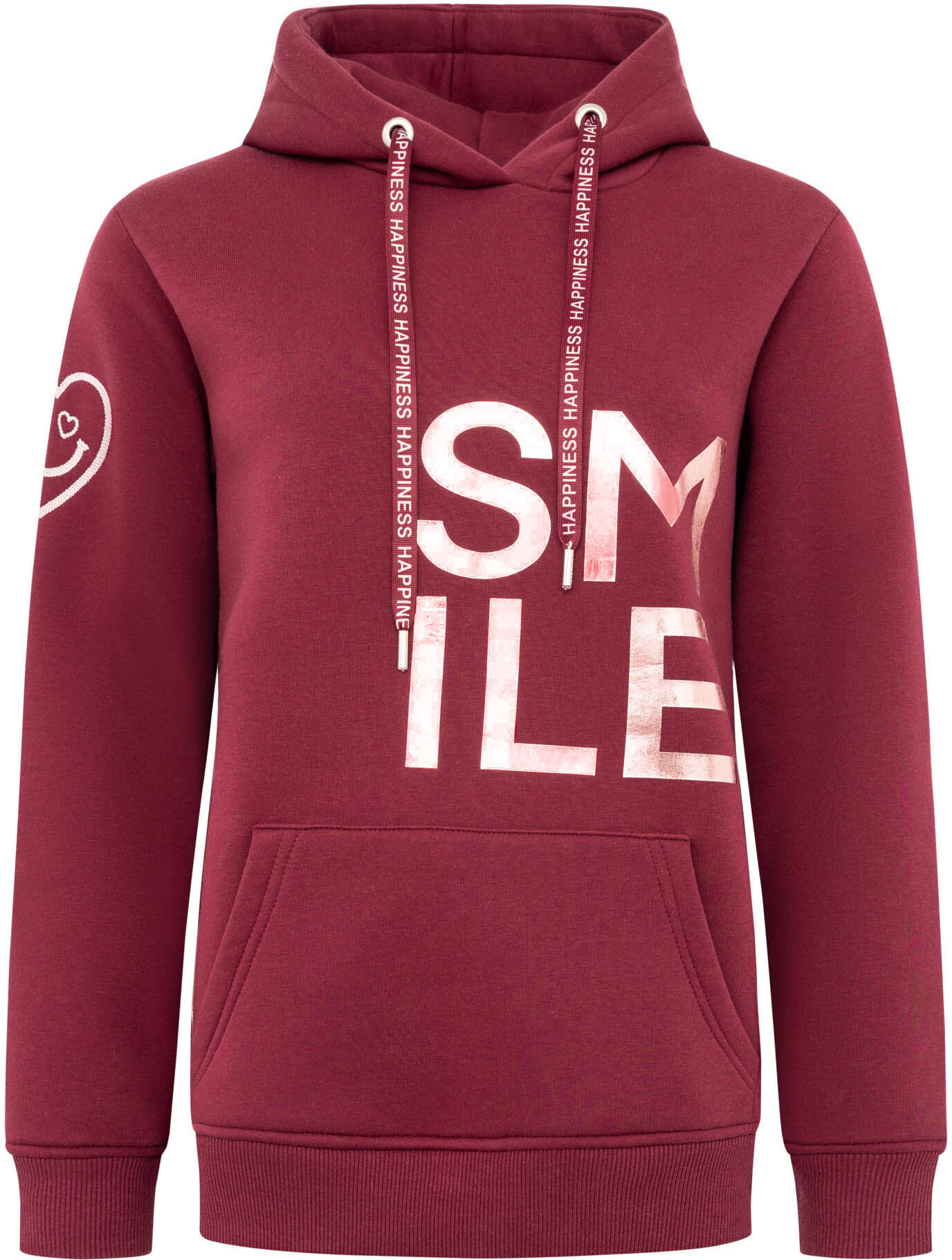 Hoodie ZWILLINGSHERZ "Alissa Shiny", Damen, Gr. L/XL, rot (bordeaux), Sweatware, Obermaterial: 50% Baumwolle, 50% Polyester, comfort fit hüftlang, ohne Ausschnitt, angesetztes Bündchen, Sweatshirts Hoodie, glänzender Print, Daumenloch, Kordel, gesticktes 
