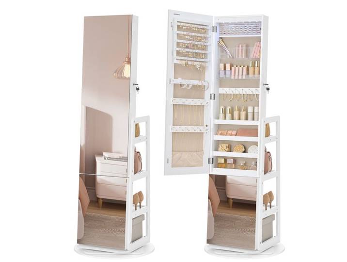 Armoire à bijoux - Miroir intégral - Éclairage intégré - Rotation 360° - Blanc nuage
