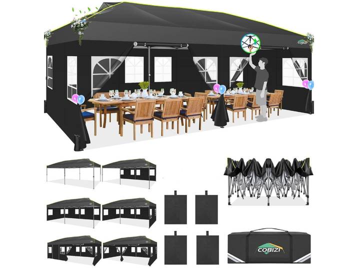 Faltpavillon 3x6m wasserdicht winterfest Pop Up Zelt mit 6 Seitenwänden schwarz