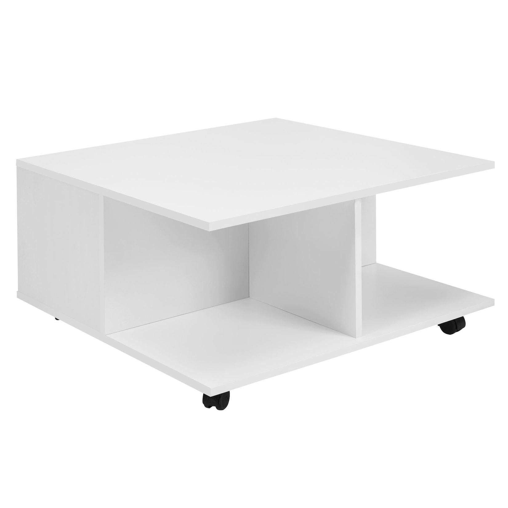 KADIMA DESIGN Couchtisch RAPIDO: 70x70x36,5 cm, 2 Schubladen, Rollen, Melaminharzbeschichtung, Weiß.