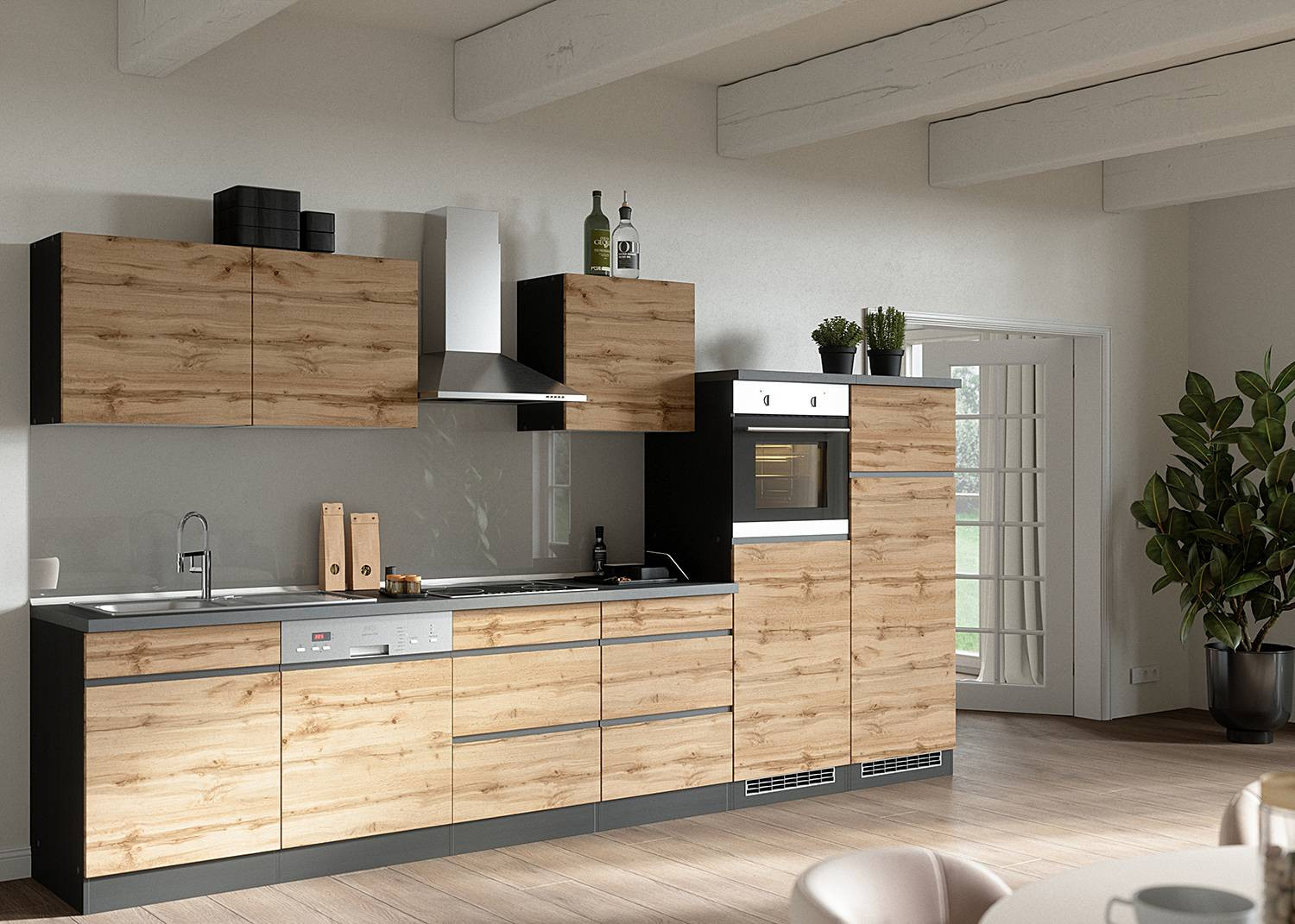 home24 Oven-inbouwkast Turin combi bruin/grijs Wotan eikenhouten look/grafiet B 60 x D 60 x H 166 cm