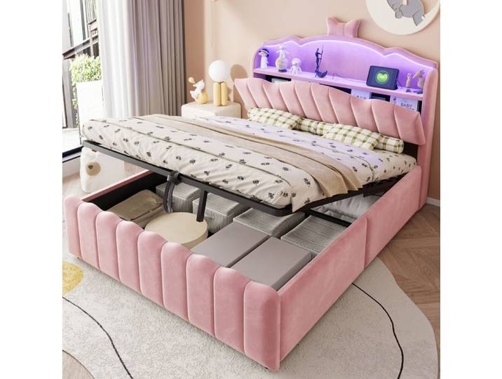 Lit coffre enfant 140x200 cm lit double avec rangement et LED USB tissu rose