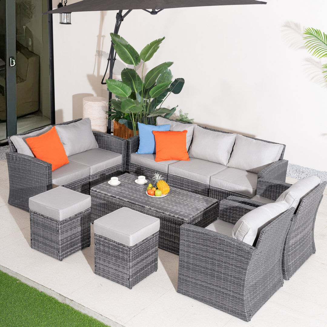 17 Stories Grey Pe Rattan Modular Garden Sofa Set With Waterproof Storage, Powder-coated Iron Frame Black 9
