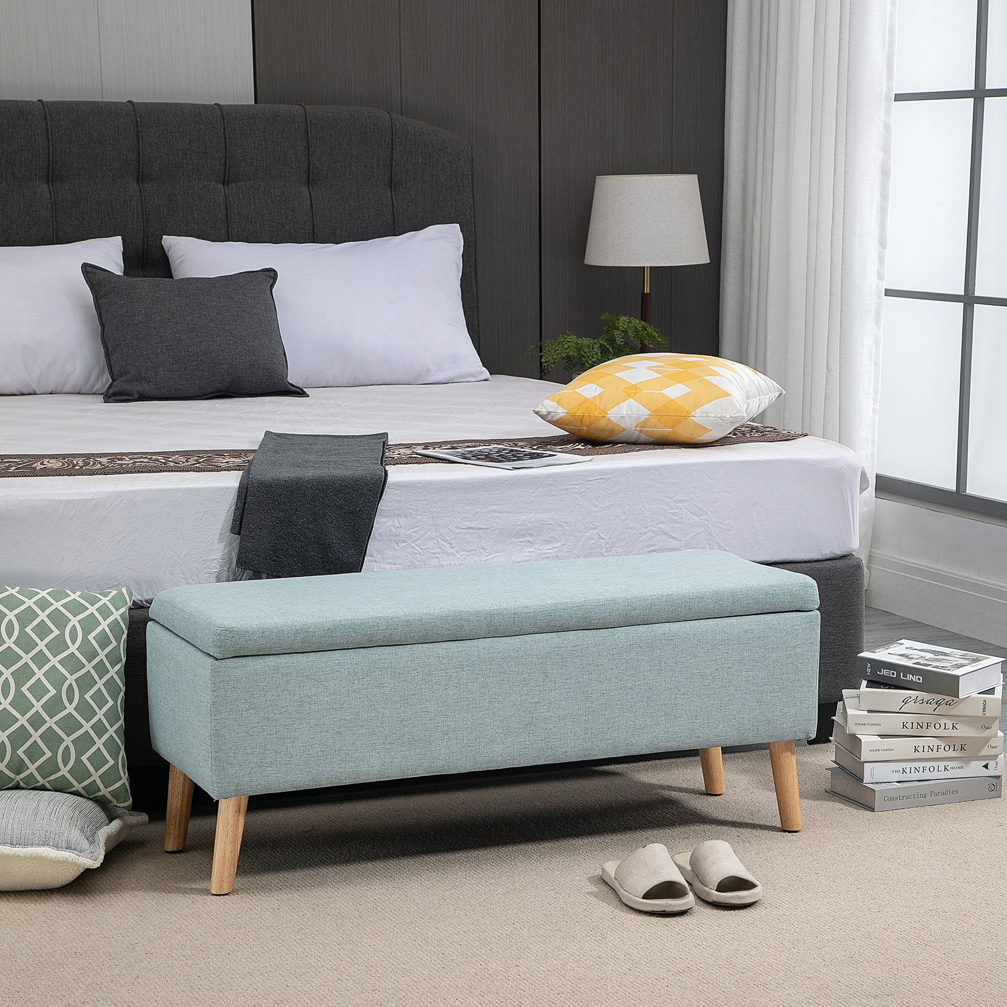 Homcom Panca con Contenitore Panca Imbottita Effetto Lino, Baule con Gambe in Legno, Panca Contenitore per Soggiorno Camera da Letto Ingresso 110 x 39 x 45 cm, Verde Chiaro