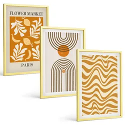 BILDER SET 3er Set - 40x60 cm Goldrahmen - Poster mit geometrischen Pflanzenmustern