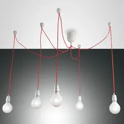 BLOG 5-flammige PENDELLEUCHTE IN WEISS MIT ROTEN TEXTILUMMANTELTEN KABELN VON FABAS LUCE