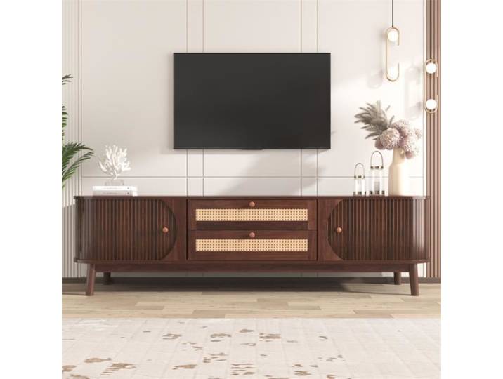 Meuble TV - DREAMMESPACE - 170x39.5x46cm - Bois - Portes et tiroirs en rotin - Style campagne