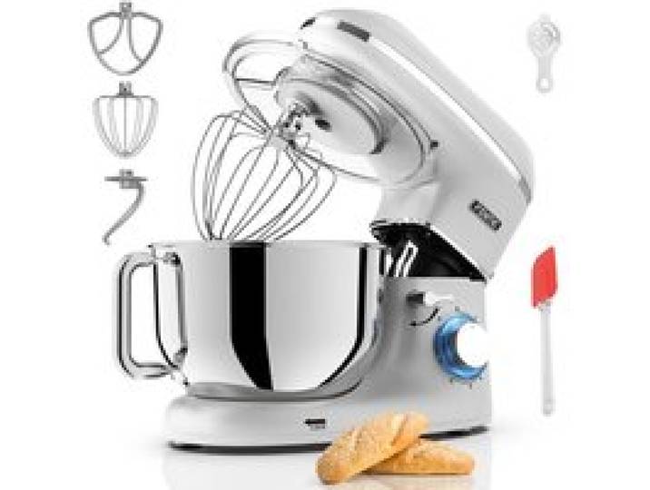 Fentic Robot Pâtissier 2000W – Bol Inox 6 2L – Rouleau à Pâtes incl. – Crochet Fouet Palette – 6 Vitesses + Pulse – Argent