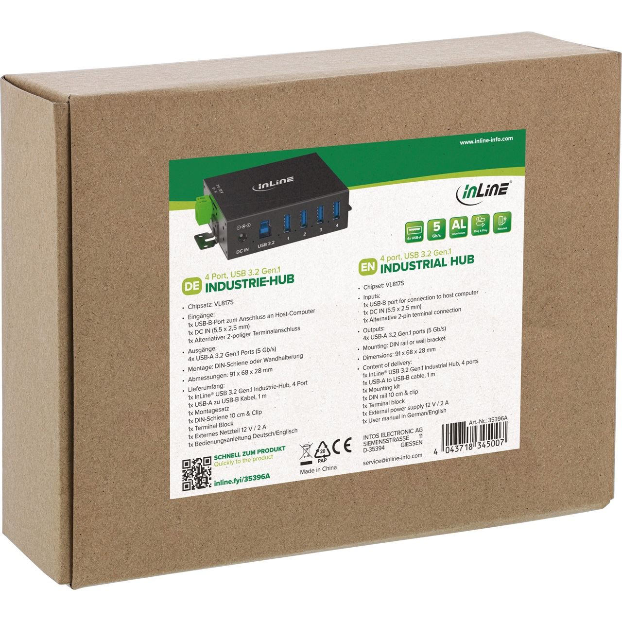 InLine USB 3.2 Gen.1 Industrie-Hub, 4 Port, Aluminiumgehäuse, mit Netzteil