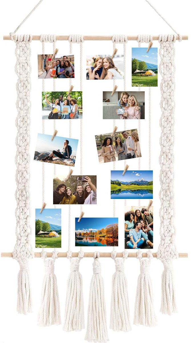 Dailygoody Fotowand - Macramé Wandbehang - Wit - Boho-decoratie met 30 klemmen