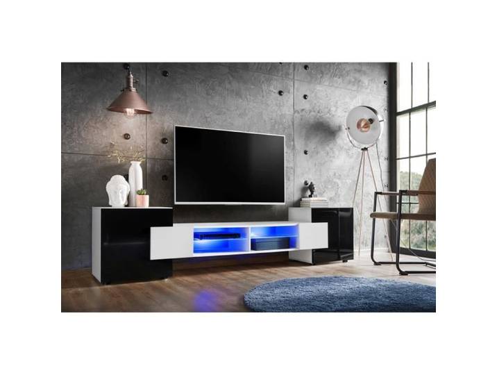 Meuble Banc TV Merano Version 2 Komodee - LED Bleues - Noir Brillant et Blanc - 230 x 53 x 35 cm