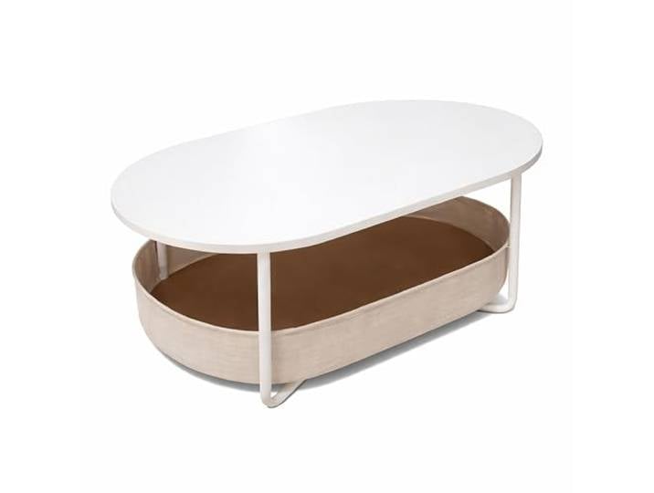 Relaxdays Table Basse Ovale\, Panier en Tissu\, Rangement\, HxLxP 55x100x45 cm\, MDF & métal\, Blanc-Beige