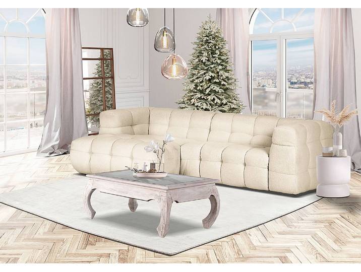 Ecksofa Kayar Weiß Webstoff Wunna 260 x 70 x 160cm Ottomane davorstehend links Modern