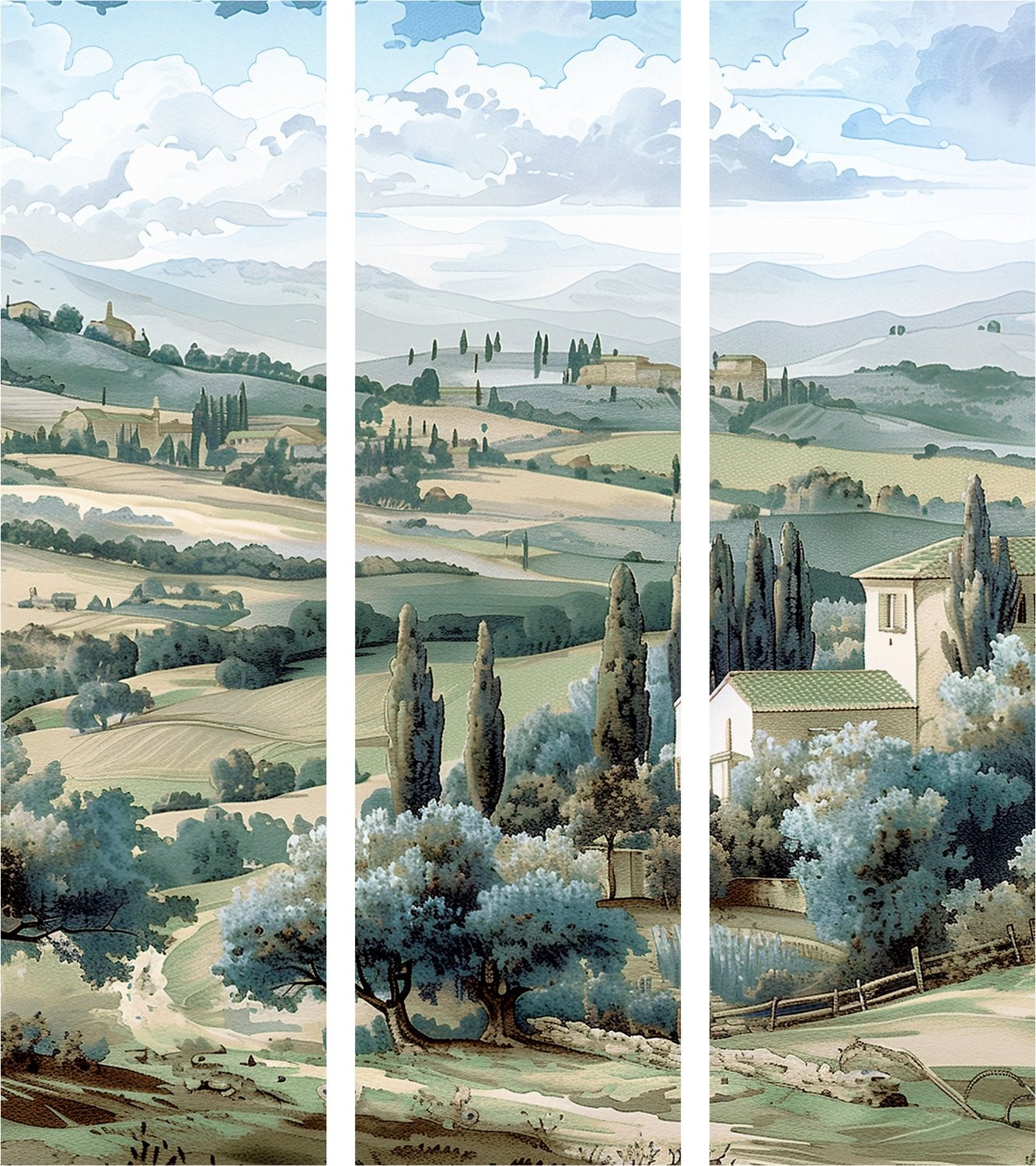 3-delig Japans kamerscherm met houten frame en landscape design van groene velden en bomen, H 172 cm x B 135 cm