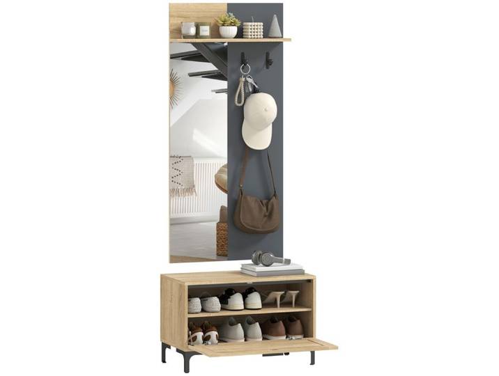 Ensemble porte-manteau – Avec miroir et banc à chaussures – Pour l'entrée – Bois naturel et gris