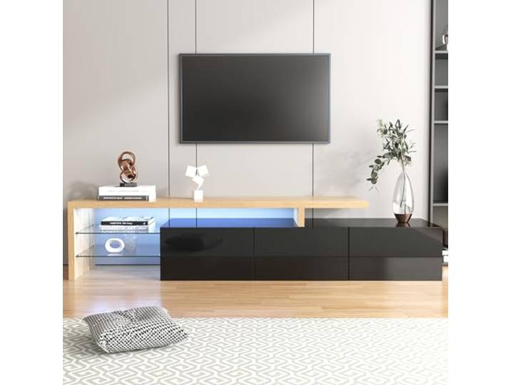 Merax TV Schrank, TV Lowboard mit LED-Beleuchtung, Moderner Fernsehtisch mit Glasregal, TV Tisch für Wohnzimmer und Esszimmer, Natur+Schwarz, 197,5L x 39B x 42H cm
