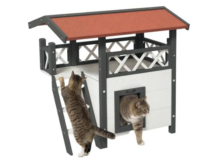 PawHut Cabane Chat Extérieur\, 77 x 50 x 73 cm\, Blanc et Rouge Niche Villa avec Terrasse\, Escalier\, Toit\, Maison Lodge pour Chats Sauvages ou Errante