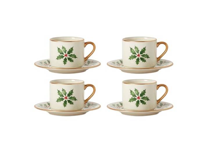 Lenox 894178 Holiday Espressotasse und Untertasse, 4-teiliges Set, Weihnachtsgeschirr, Gastgeber