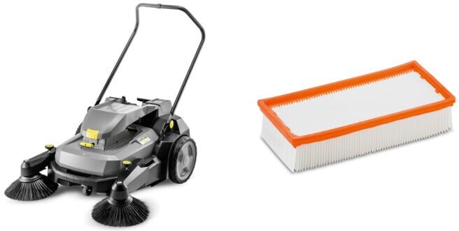Set Kärcher Handkehrmaschine KM 70/30 C Bp 2SB, 45l Behältervolumen, Flachfaltenfilter, 980mm Arbeitsbreite + Kärcher Flachfilter nur für Ersatz Kärcher
