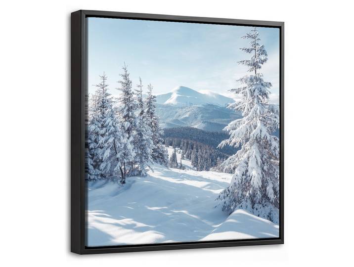 LEINWAND Bilder mit Rahmen - Winterlandschaft - Natur - Berge - Bäume - Schnee - 20x20