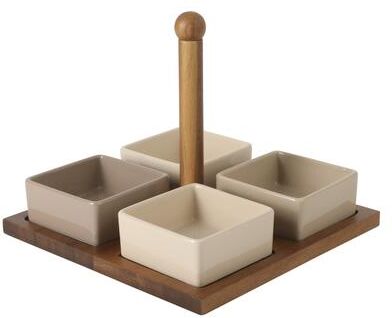 Gibson Elite 4-Piece Stoneware Tidbit, Condiment & Dip Dish Set with Acacia Wood Tray - Taupe Square for Entertaining Server