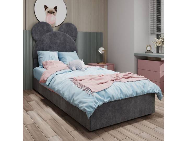 Lit enfant - Tête de lit dessin animé - 140x200 cm - Gris - Rangement à gaz
