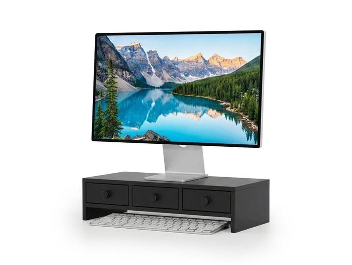Relaxdays Monitorständer Schwarz MDF 3 Schubladen 51x24x12,5 cm, Holzwerkstoff, 51x12.5x24 cm, Büromöbel, Schreibtische