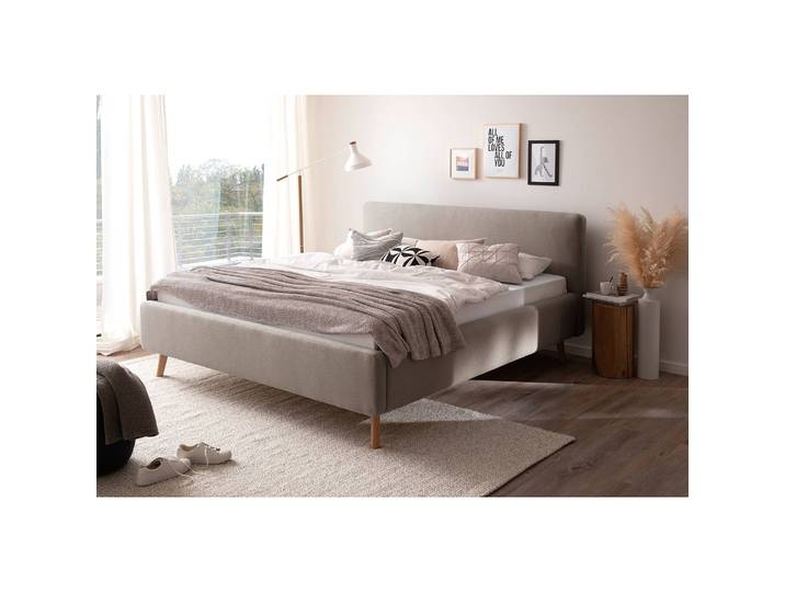 Polsterbett 160 x 200cm Webstoff Asha Braun/Taupe mit Lattenrost Eiche