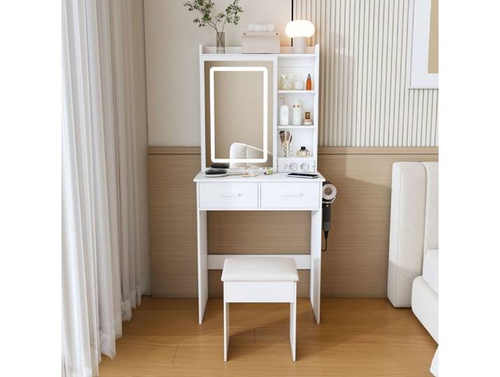 Petite table de beauté blanche avec miroir éclairage LED réglable et prise de prise – y compris fauteuil rembourré espace de ran