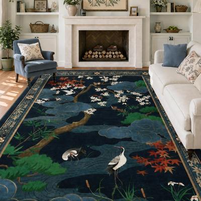 Lee Japanese-Inspired Crane Area Rug, Washable Soft Low-Pile Carpet