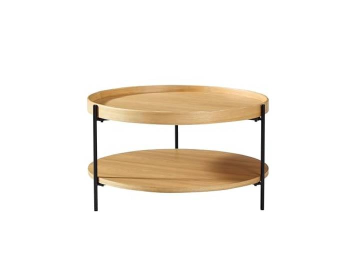 Modern 2-Tier Round Coffee Table, Nordic Style MDF with Real Wood Veneer Tray Center Table, Sturdy Metal Frame Coffee Table for Living Room (Natural)