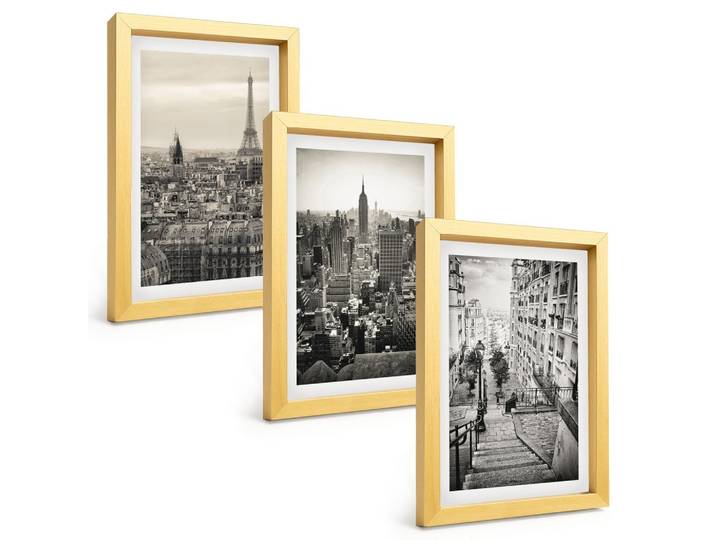 BILDER SET 3er Set - 20x30 cm Goldrahmen - Aussicht Paris New York Treppen