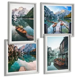 BILDER SET 4er Set - 50x50 cm & 40x60 cm Silberner Rahmen - See, Berge, Boote, Ferienhaus