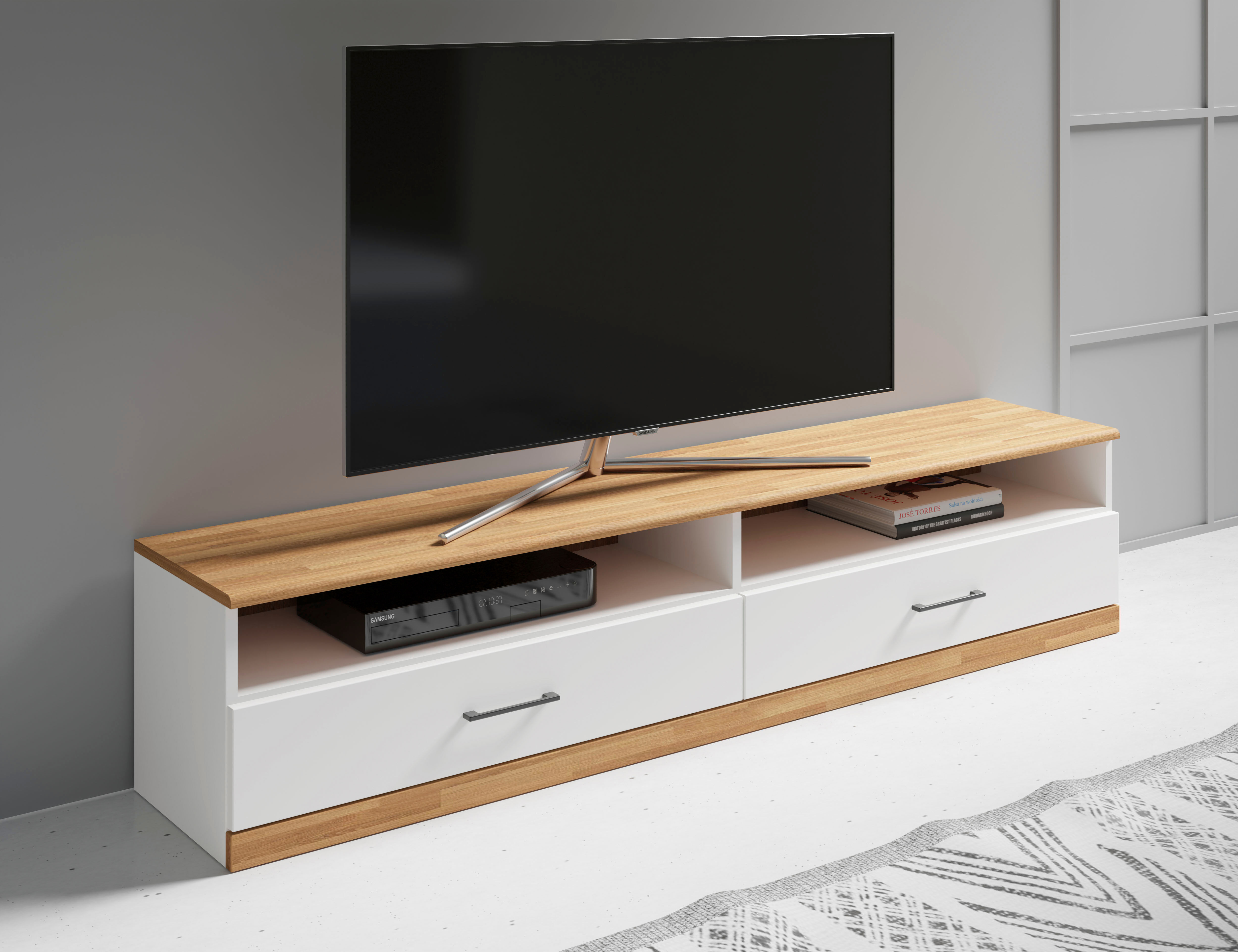 Lowboard GOODPRODUCT "Ribe,140cm breit,38cm hoch mit 2 Klappen,Oberplatte aus Massivholz", weiss (weis, eiche), B:140cm H:38cm T:35cm, Sideboards, Lowboard, Oberplatte Eiche massiv,schwarze Metall Griffe weis, eiche B/H/T: 140cm x 38cm x 35cm