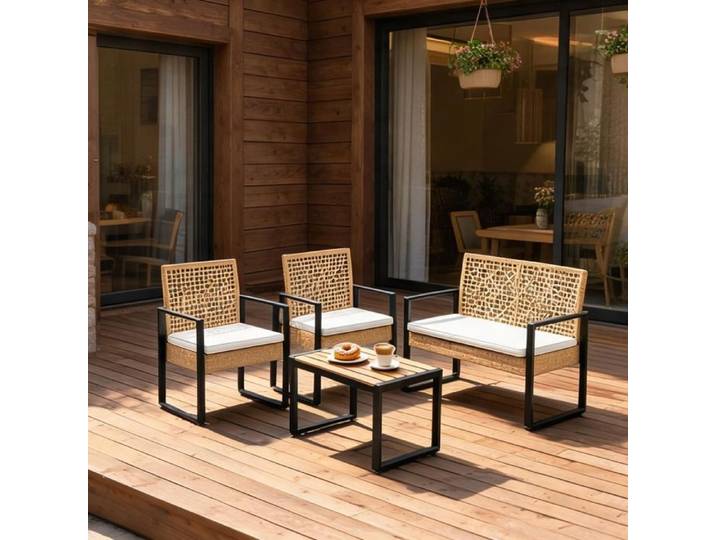 Canapé 2 places et fauteuils en rotin imitation bois naturel pour terrasse et jardin