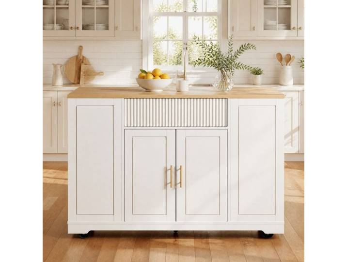 ROVRYN îlot central de cuisine sur roulettes 120 x 50 x 92 cm 2 portes 3 tiroirs compartiment poubelle blanc