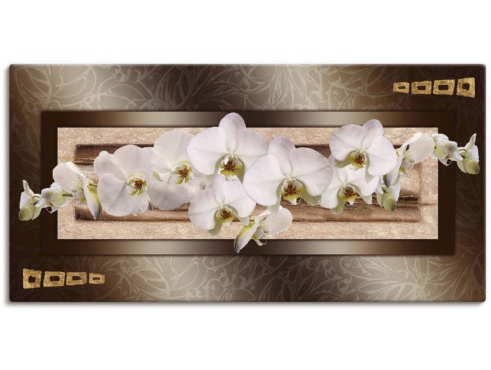 Leinwandbild ARTLAND Weisse Orchideen mit goldenen Vierecken , weiss (farbe bild(er): weiß), B:60cm H:30cm, Bilder, Leinwandbild, auf Holzrahmen gespannt