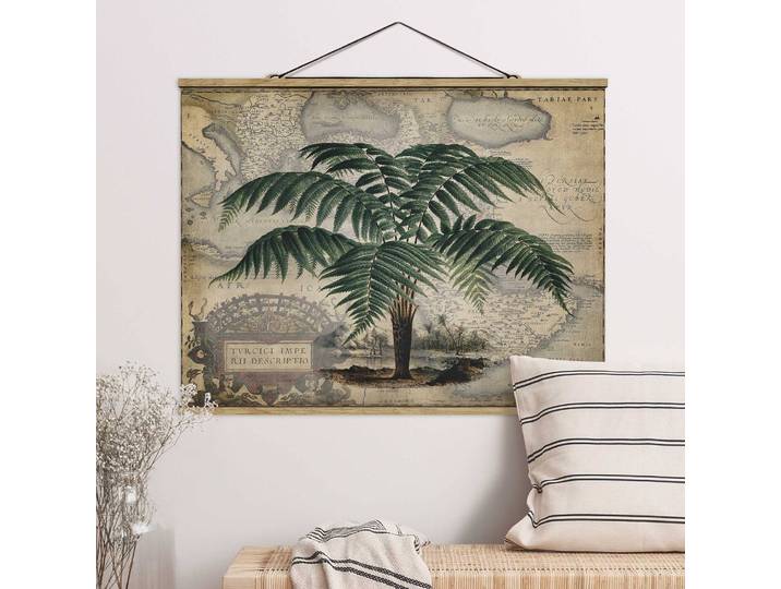 home24 Wandkleed Collage Palm & Wereldkaart geweven stof groen 35 x 26cm