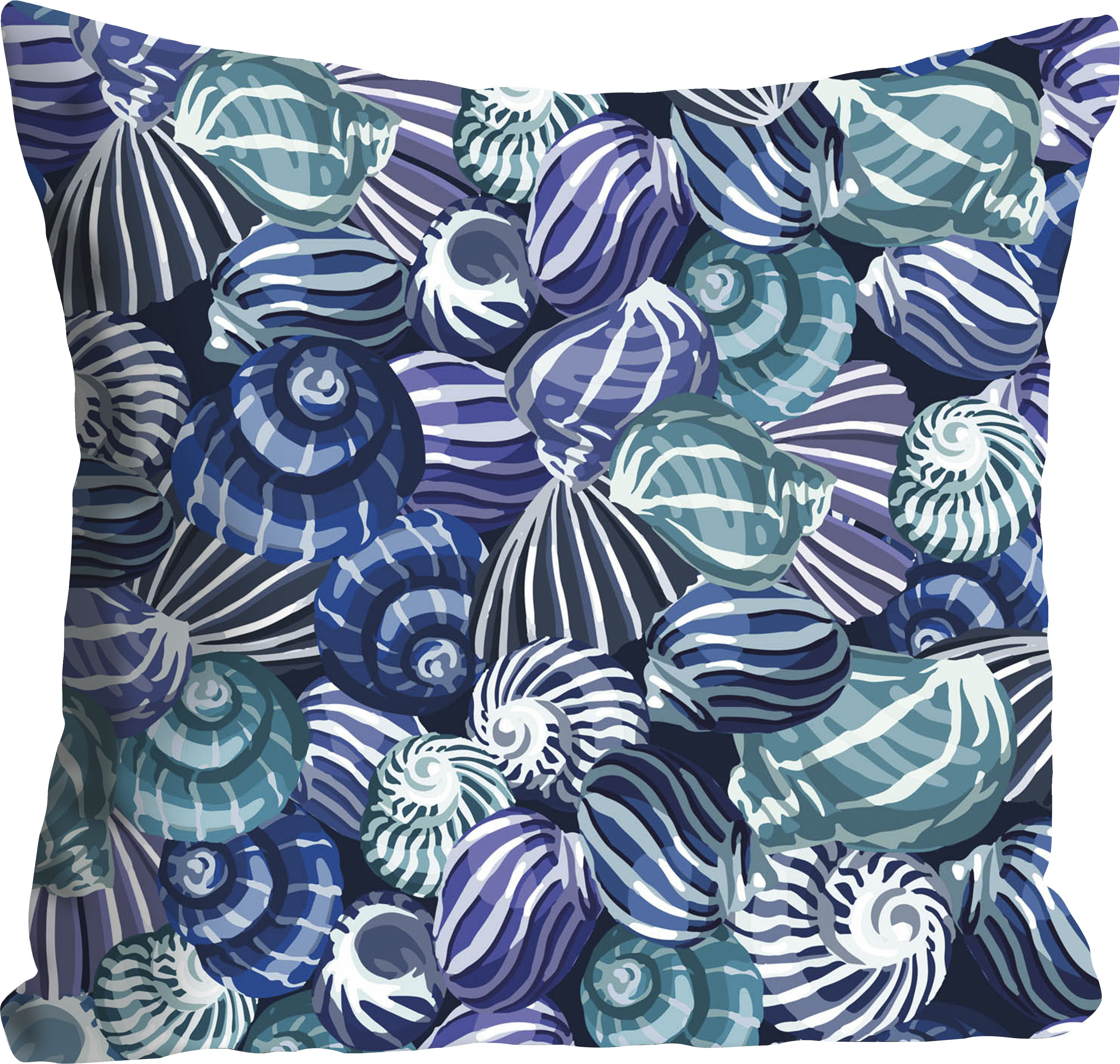 Dekokissen QUEENCE "Jenny", blau (blau, bedruckt), B:40cm L:40cm, Polyester, Dekokissen_Sitzkissen_Kissenhüllen, Dekokissen, Kissenhülle,Muscheln,Maritim,Strand,Sommer,Dekokissen,Nautisch,Natur blau, bedruckt B/L: 40cm x 40cm, 1 Stk.