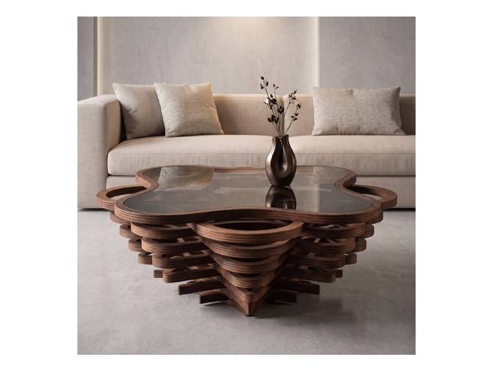 alesvelt Couchtisch Fiore Antico rustikal handgefertigt Nussbaum Beistelltisch Glasplatte, 90x40cm, Tischplatte aus Glas