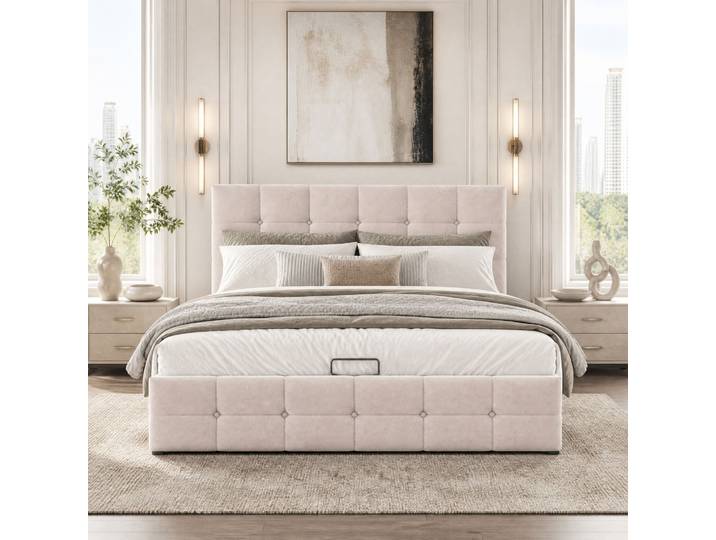 Lit Coffre 140x200 Capitonné\, Velours Crème Havrya
