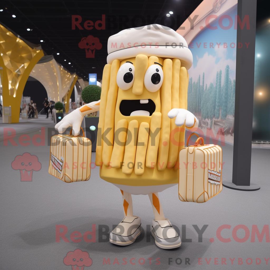Cremefarbenes REDBROKOLY Maskottchenkostüm mit Pommes Frites bekleidet mit Shorts und Aktentasche