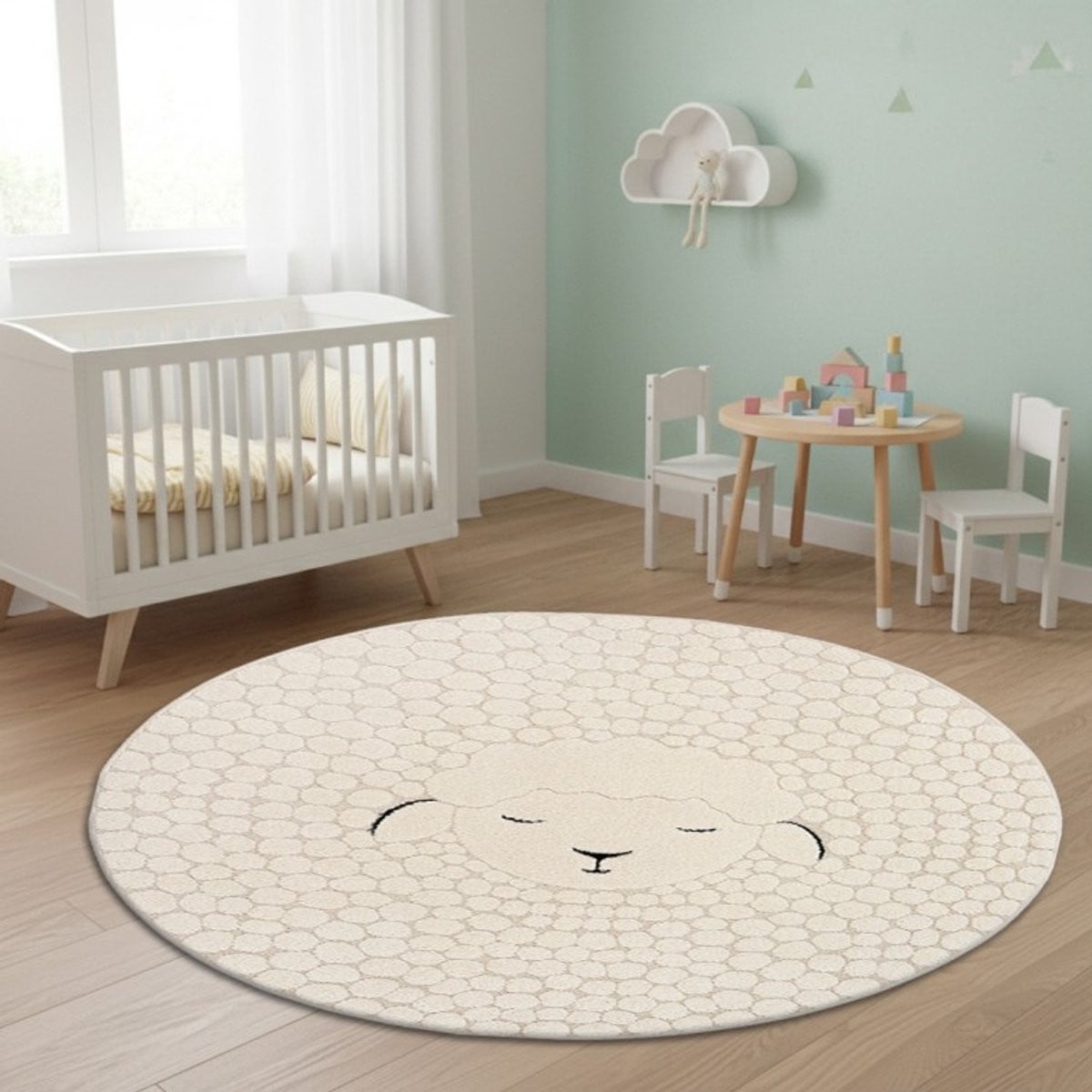 TapisTrend Kinderkleed Crème, Rond, met Schapenmotief, Diameter: 200 cm