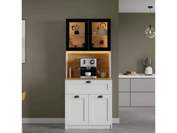 Vaisselier De Cuisine À Led 4 Portes Décor Blanc Et Noir Aura